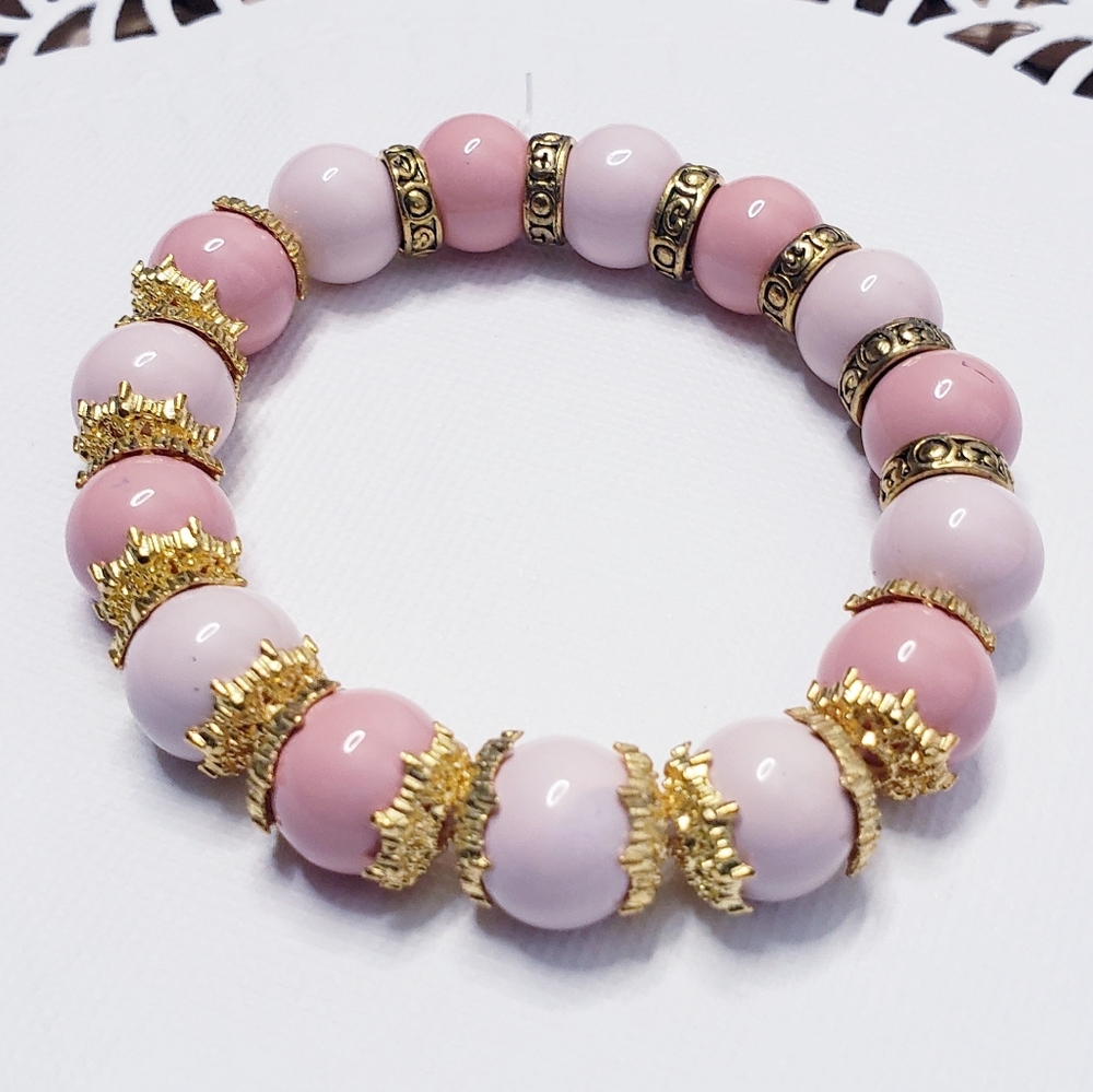 Elegant Gold and Ceramic Two Tone Pink Beaded Stretch Bracelet 0101 - Picture 2 of 4